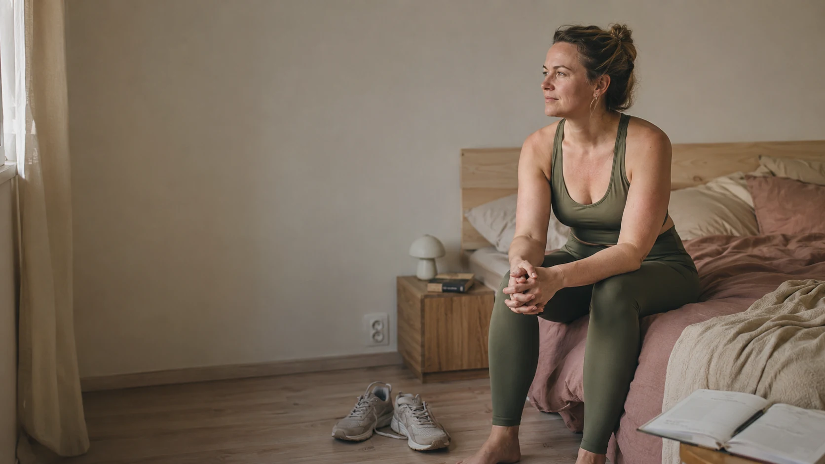 Žena ve sportovním oblečení sedí na posteli a dívá se z okna