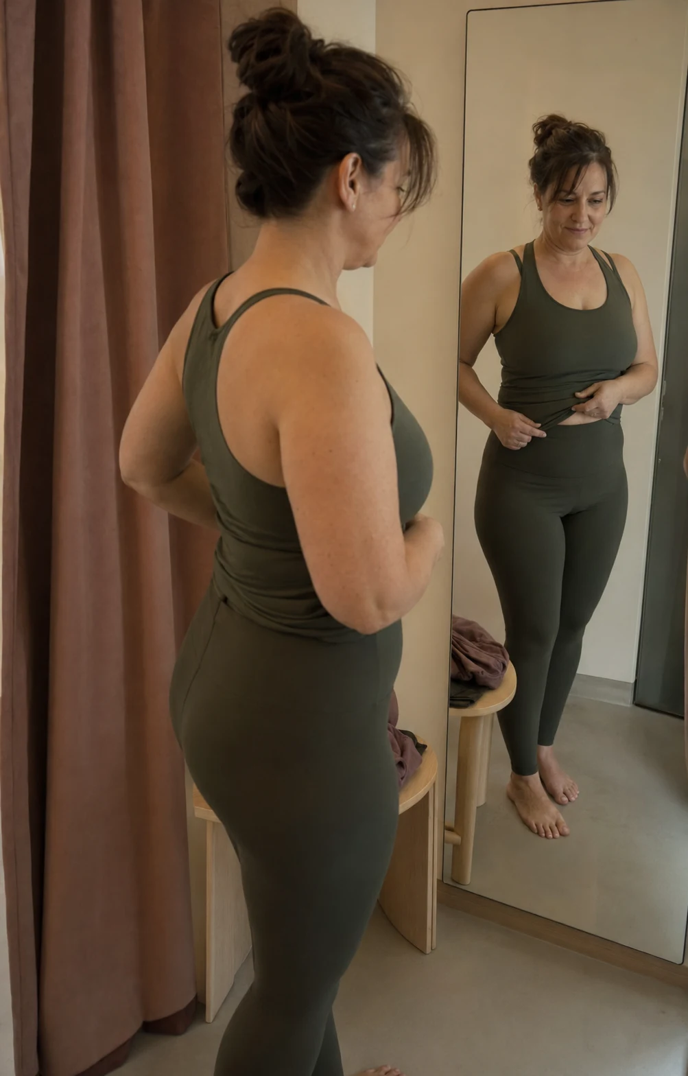 Žena si prohlíží postavu v zrcadle ve studiu Formovna